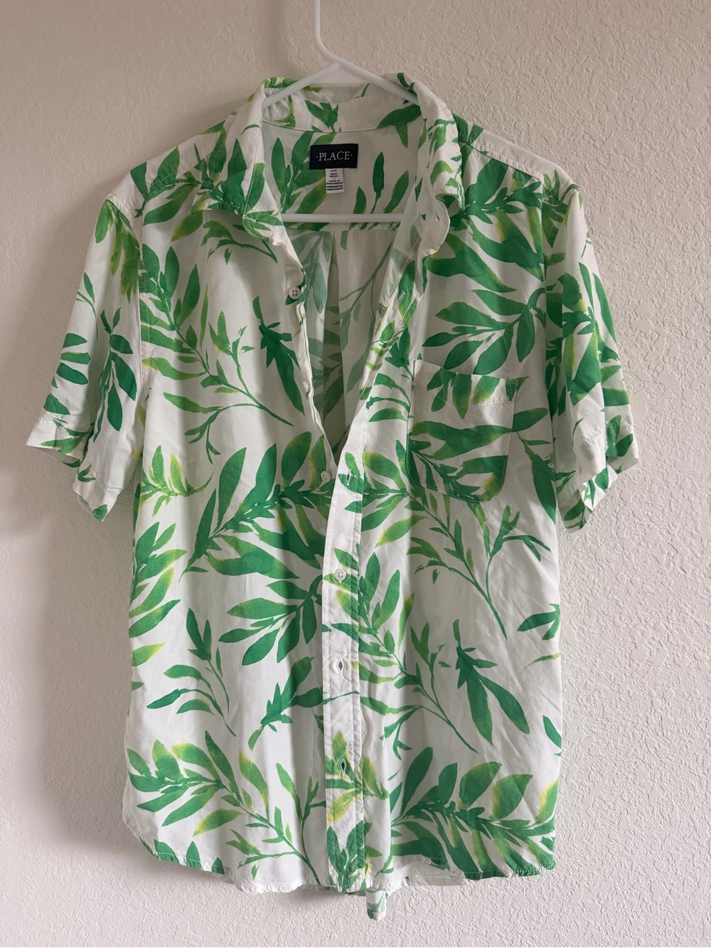Place White Button-Down Shirt with Green Leaf Print